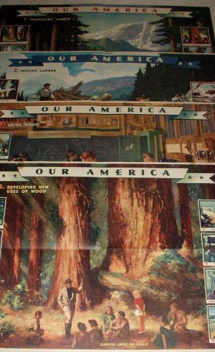 Lot of (4) Coca Cola /Our America Classroom Posters -Lumber Industry -WWII Era
