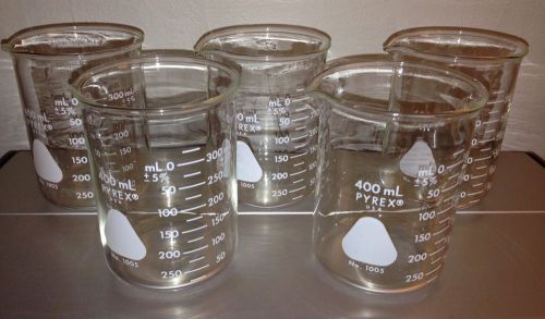 Lot of five pyrex 1005 400ml student griffin beaker w/spout, excellent condition for sale