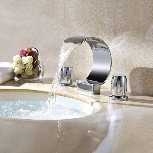 Modern 3 Hole Waterfall Widespread Sink Faucet Tap Polished Chrome Free Shipping