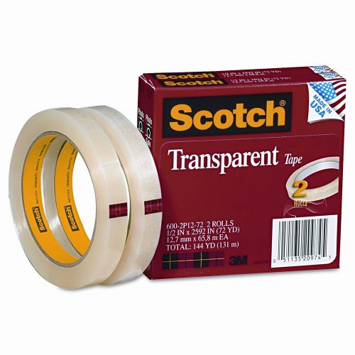 3M Transparent Tape 600-2P12-72, .5 X 2592, 3&#034; core, transparent, 2 Rls