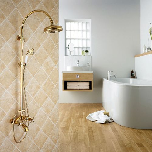 Modern gold wall mounted exposed shower system with handshower free shipping for sale