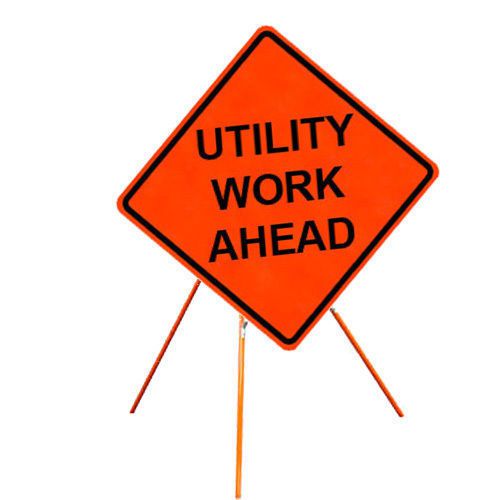 Utility work ahead 36&#034; x 36&#034; vinyl fluorescent roll up sign and tripod stand for sale
