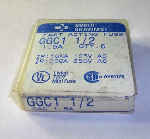BOX OF 5 NOS TYPE 3AG GOULD SHAWMUT GGC 1-1/2 AMP  FAST BLOWING FUSE 250V