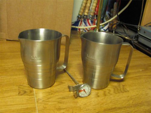 2 COMMERCIAL WOODMAX STAINLESS18/8 MILK FROTHER CREAMER PITCHER+THERMOMETER-VGUC