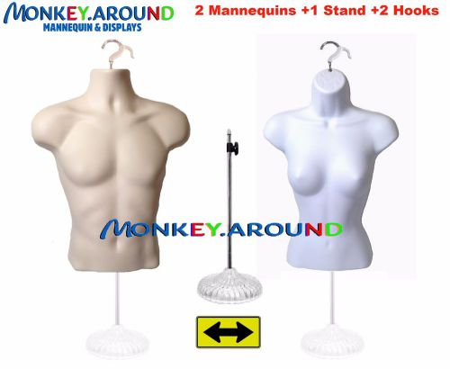 2 mannequin male female white flesh form +1 stand + 2 hook - display shirt dress for sale