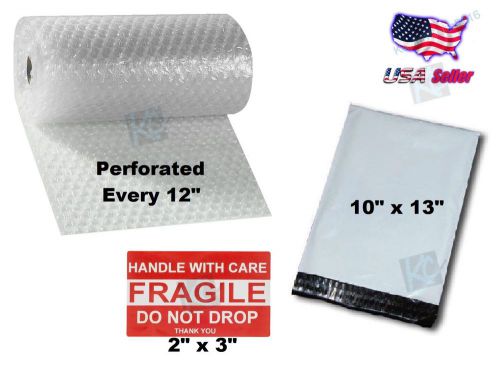 15 Feet Bubble Cushioning Wrap / 15 Poly Mailer Bags 10x13 / 15 Fragile Labels