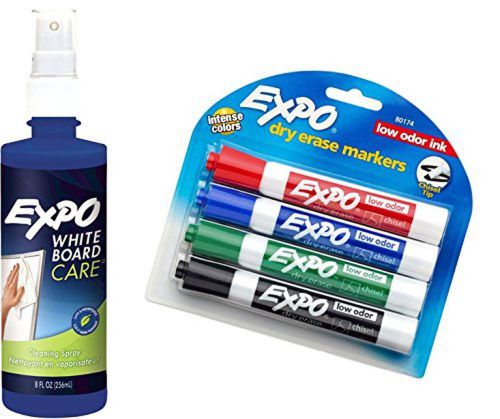 Expo Low Odor Dry Erase Markers + 8oz Bottle Dry Erase Board Liquid Cleaner