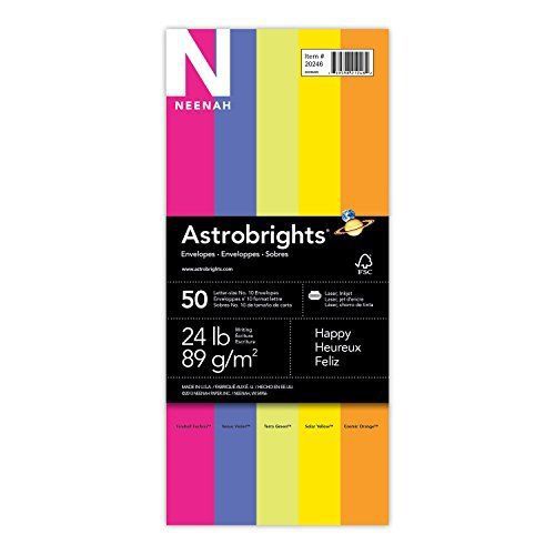 Wausau Neenah Astrobrights, Envelopes Happy Assortment, 4.125 X 9.5-Inches, 50