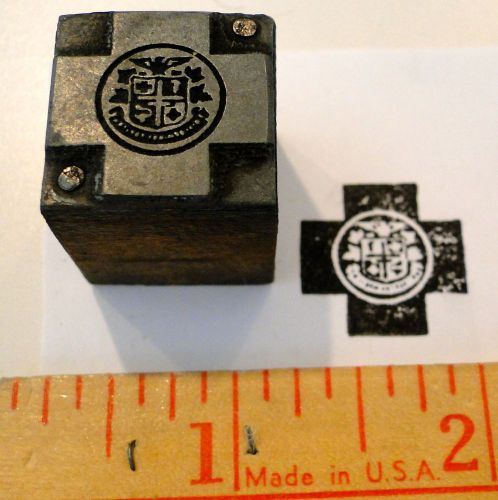 VTG Printing Letterpress Printers Block Coat of Arms Inside Cross Metal on Wood
