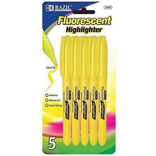 Bazic BAZIC Yellow Pen Style Fluorescent Highlighter w/ Pocket Clip (5/Pk)