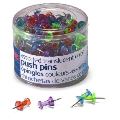 200 COUNT Officemate Push Pins Thumbtacks Steel, Assorted Translucent Colors NEW