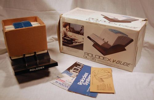 Vtg nib complete rolodex gl-35 v-glide card file system black/faux wood grain for sale