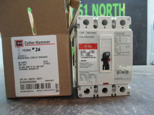 Cutler-hammer 80amp industrial circuit breaker cat#fd3080 600vac #826955 3:p nib for sale