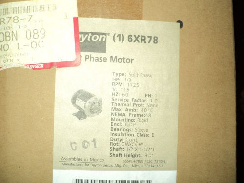 DAYTON 6XR78 MOTOR , 1/3 HP , 1725 RPM , 115 V , 48 FR , 1 PHASE SPLIT PHASE MTR
