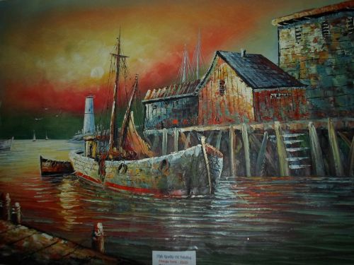 High Quality Oil Painting  25 x 37 - Vintage  Boat