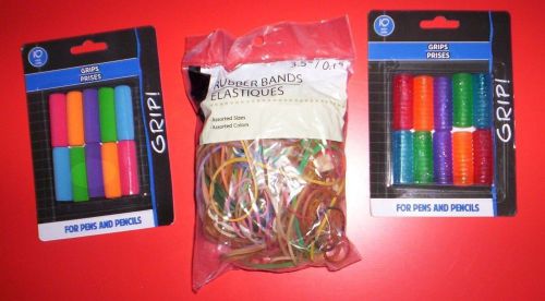 20 ASSORTED Pen/Pencil Spiral Gel &amp; Foam Grip &amp; Bag of Rubber Bands~ASSORTED