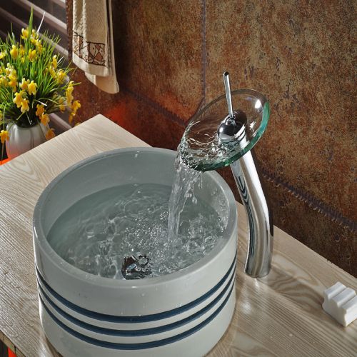 Creative Bathroom Sink Faucet Waterfall Basin Mixer Faucet Glass Spout Chrome