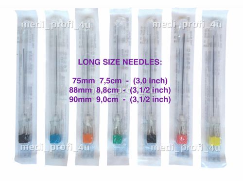 1 2 3 4 5 10 LONG STERILE NEEDLES 7 SIZES, 3 inch 3,5 inch 75mm 88mm 90mm BLUE