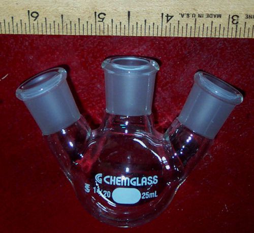 Chemglass glass pyrex round bottom 3 neck flask vessel 25 ml 14/20 CG-1524-A-02