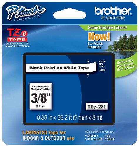 Brother p-touch ~3/8&#034; (0.35&#034;) black on white standard laminated tape - 26.2 f... for sale