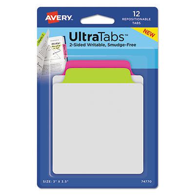 Ultra Tabs Repositionable Tabs, 3 x 3 1/2, Neon: Green, Pink, 12/Pack, 1 Package