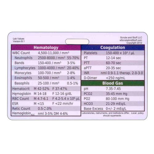 Lab Value Horizontal Badge ID Card Pocket Guide Nurse RN Paramedic EMT Student