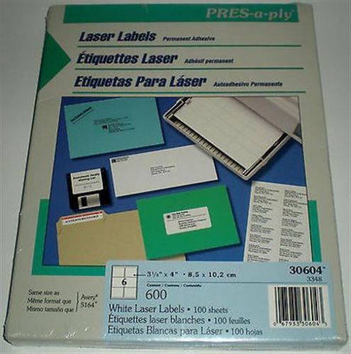 PRINTER LABEL PAPER PRES-A-PLY LASER 3 1/2&#034; X 4&#034; 6 PER PAGE 600 AVERY 5164 NEW