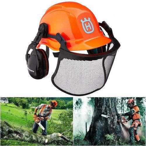 Safety helmet with face shield chain saw hearing and a rain neck protectors new for sale