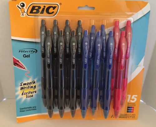 New in Package of 15 BIC Velocity Gel Pens Dated 2010 Black Red Blue Medium .7mm