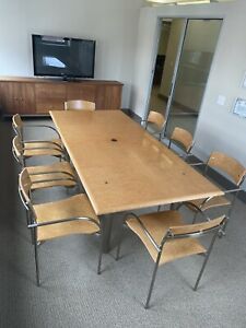 Modern Maple Conference Table and Six Chairs with Stainless Legs and Trim