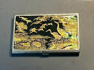 LACQUERWARE INLAID MOTHER OF PEARL BUSINESS CARD HOLDER BIRDS / TREES - NICE