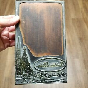 Vintage Letterpress Printing Block Christmas Wishes Church Horse Sleigh Tree
