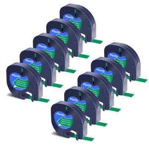 10x Black on Green Plastic Label Tape for DYMO Letra Tag LT 91334 12mm x 4m 1/2&#034;
