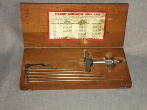Used LSS Starrett No. 445 Micrometer Depth Gage w/ 6 Rods in Original Wood Case