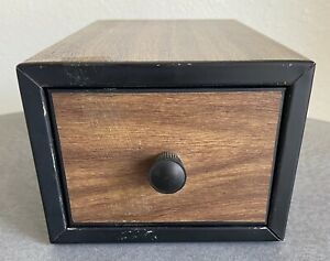 Vintage Lit-Ning Business Card Holder Mid Century Steel Metal Drawer Faux Walnut