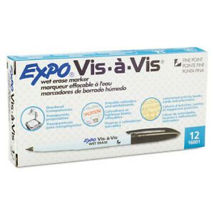 EXPO 16001 Vis--Vis Wet Erase Marker, Fine Bullet Tip, Black, PK12