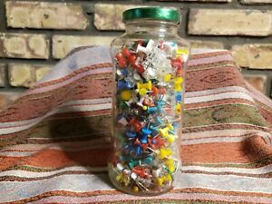 Glass Jar of Assorted Thumb Tacks Multiple Colors