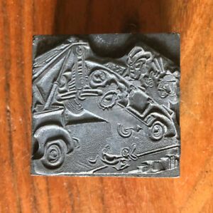 Vintage Letterpress Printers Block Solid Metal Comedy Scene “Couple Being Towed”