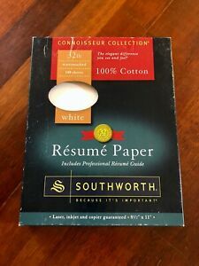 SOUTHWORTH 100% COTTON THICK WHITE RESUME PAPER, 8.5” x 11&#034;, 32 LB 100 SHEETS