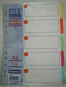 5 packs Manilla Dividers A4 Coloured 5 Tabs per pack for A4 Insert Dividers