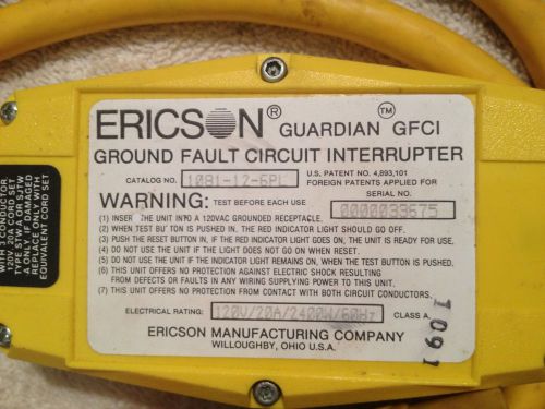 Ericson guardian gfci 1081-12-6pl 20a/125v/2400w/60hz twist lock 6&#039;6&#034; overall for sale