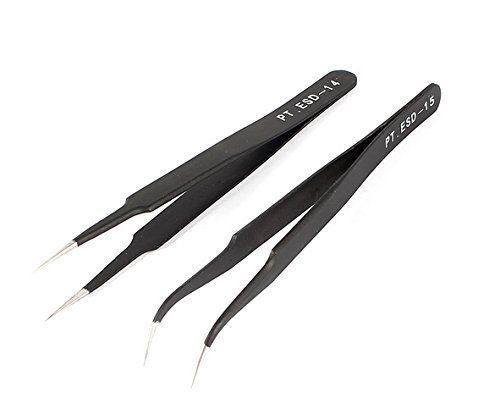 13cm Length Black Anti-magnetic Straight Curved Tweezers 2 Pcs New