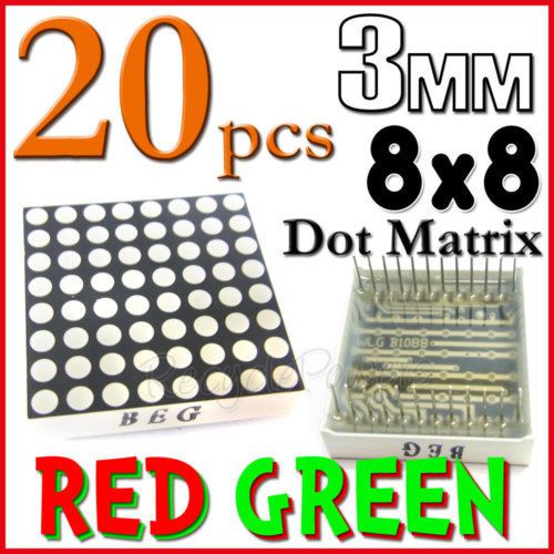 20 dot matrix led 3mm 8x8 red green common anode 24 pin 64 led displays module for sale
