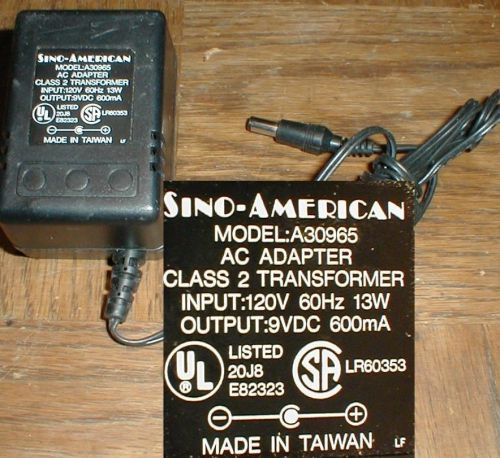 Sino-american a30965 ac adapter 9vdc 600ma .6a barrel wall for sale