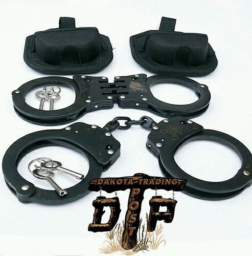 (2 SETS OF) BLACK PLATED DOUBLE LOCKING CHAINED AND HINGED HANDCUFFS
