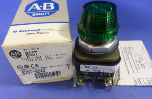 A-B BULLETIN 800T PILOT LIGHT FULL VOLTAGE 24V GREEN LENS, TYPE 4, 13