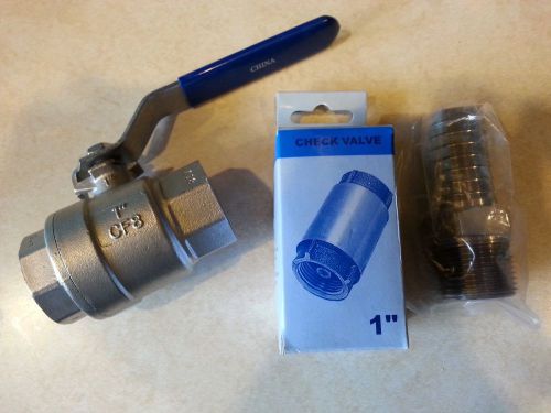 1&#034; Stainless Steel 316  Full Port Ball Valve, Check Valve and Poly Barb Adapter