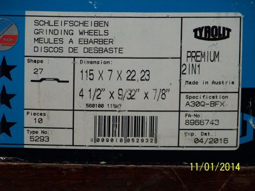 Nib... 10..tyrolit premium 2 in 1.. 4 1/2 x 9/32 x 7/8  grinding wheels type 27 for sale