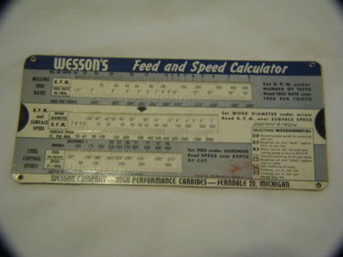 WESSON FEED SPEED CALCULATOR HIGH PERFORMANCE CARBIDES 1950 MILLING FERNDALE MI.