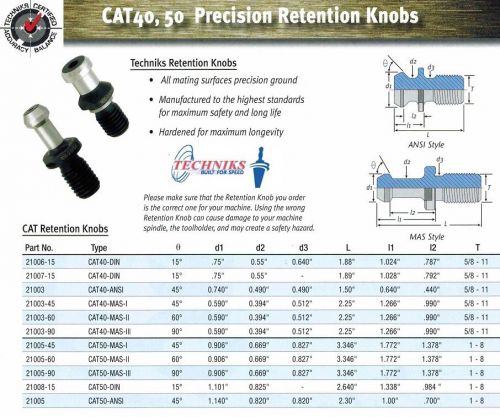 Techniks CAT40 Retention Knob 21003-45 Solid Pull Stud 45 Degrees 10 Pcs